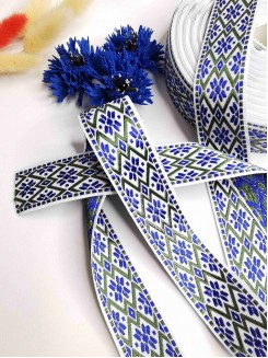 Лента отделочная жаккард Орнамент 28мм. (белый/нефритовый/синий), Р.90562